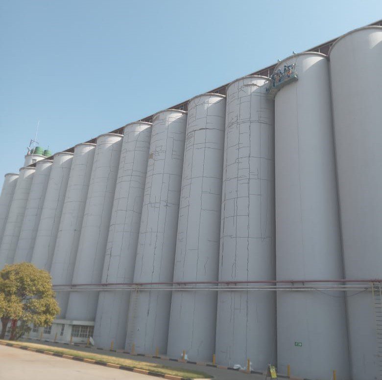 Concrete Silo Rehabilitation in Progress Workers actively repairing and restoring a concrete silo, addressing structural issues