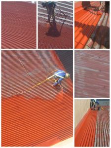 Collage of six images showcasing different roof painting projects completed by Delmos Construction