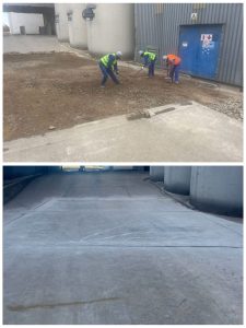 Side-by-side comparison showing concrete floor before repair with visible damage and after professional repair by Delmos Construction