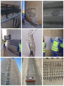 Collage of nine images showing various stages and types of restoration work on corroded steel reinforcement bars and damaged concrete by Delmos Construction